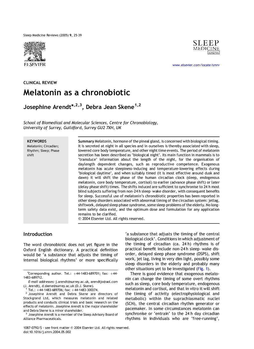 Melatonin as a chronobiotic
