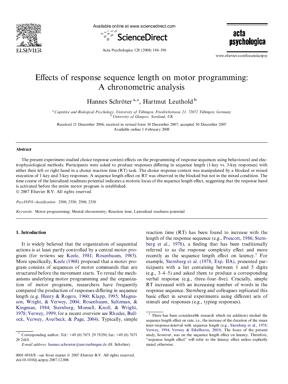 Effects of response sequence length on motor programming: A chronometric analysis