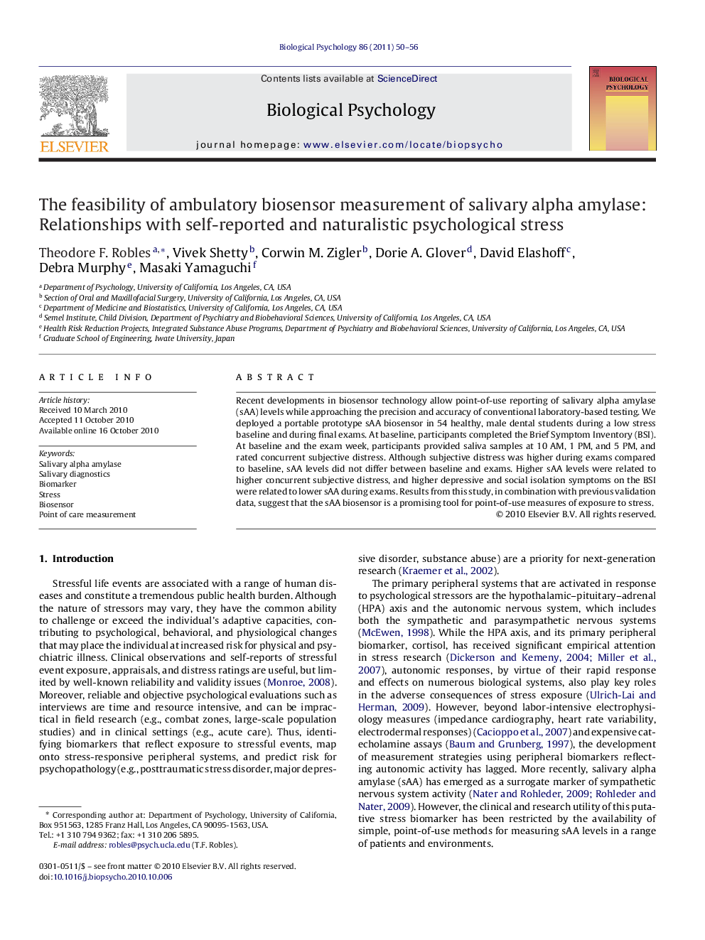 The feasibility of ambulatory biosensor measurement of salivary alpha amylase: Relationships with self-reported and naturalistic psychological stress