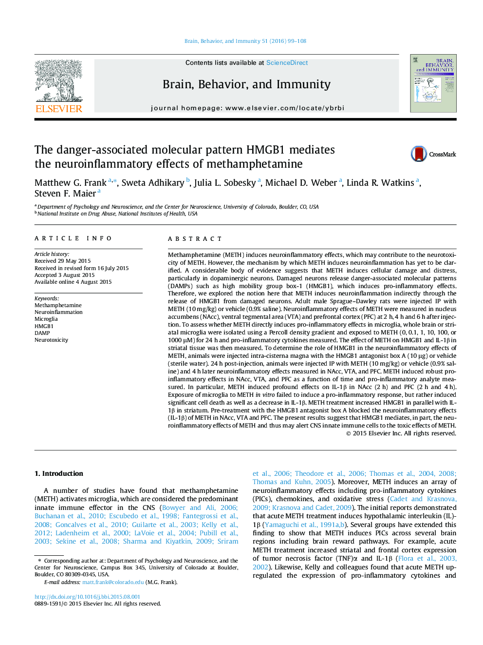 The danger-associated molecular pattern HMGB1 mediates the neuroinflammatory effects of methamphetamine