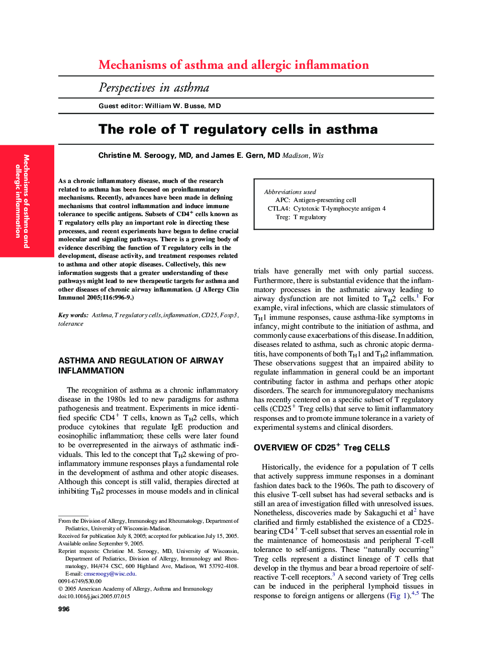 The role of T regulatory cells in asthma