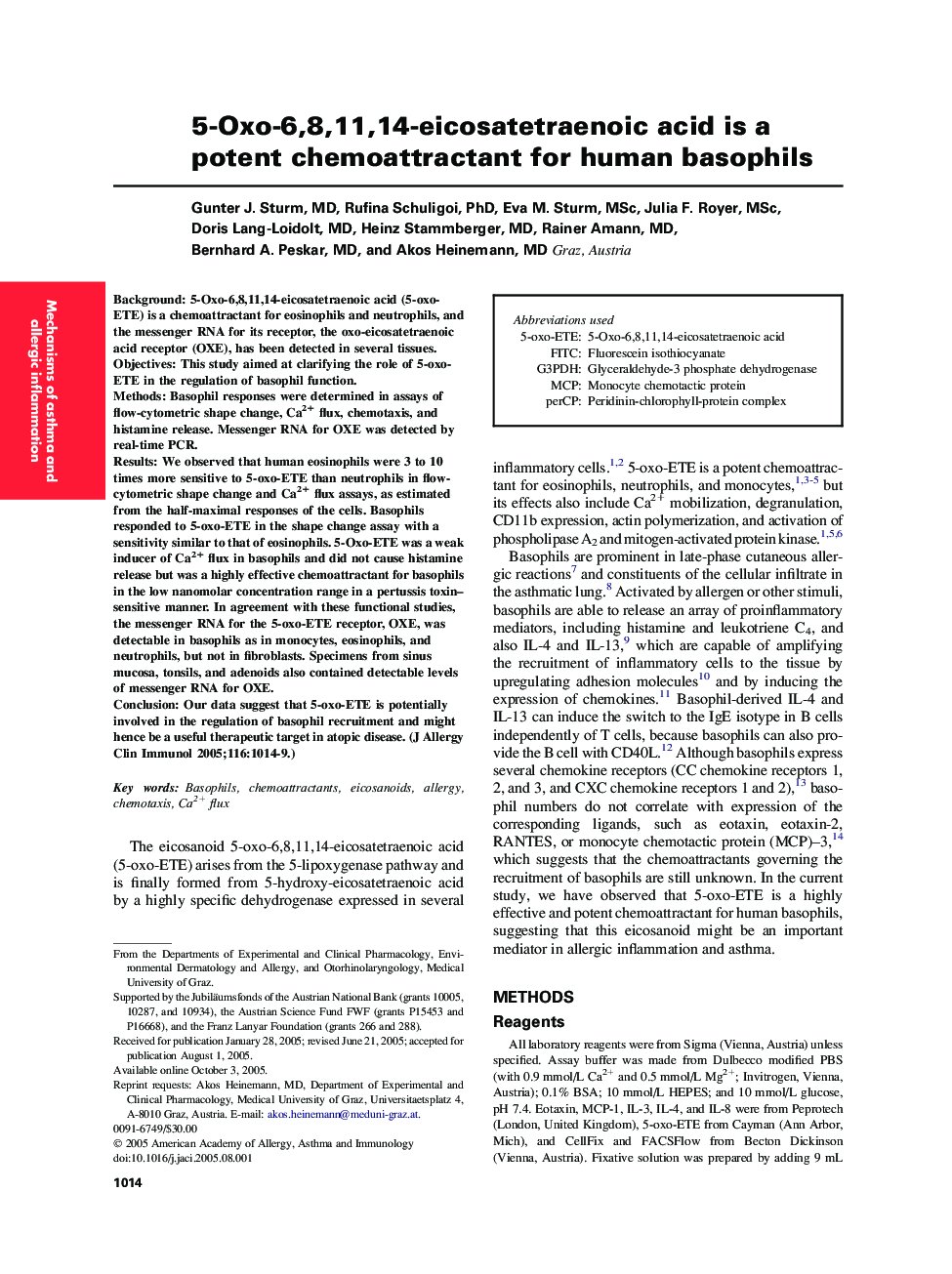 5-Oxo-6,8,11,14-eicosatetraenoic acid is a potent chemoattractant for human basophils