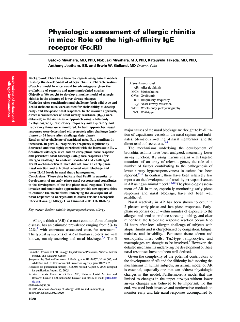 Physiologic assessment of allergic rhinitis in mice: Role of the high-affinity IgE receptor (FcÉRI)