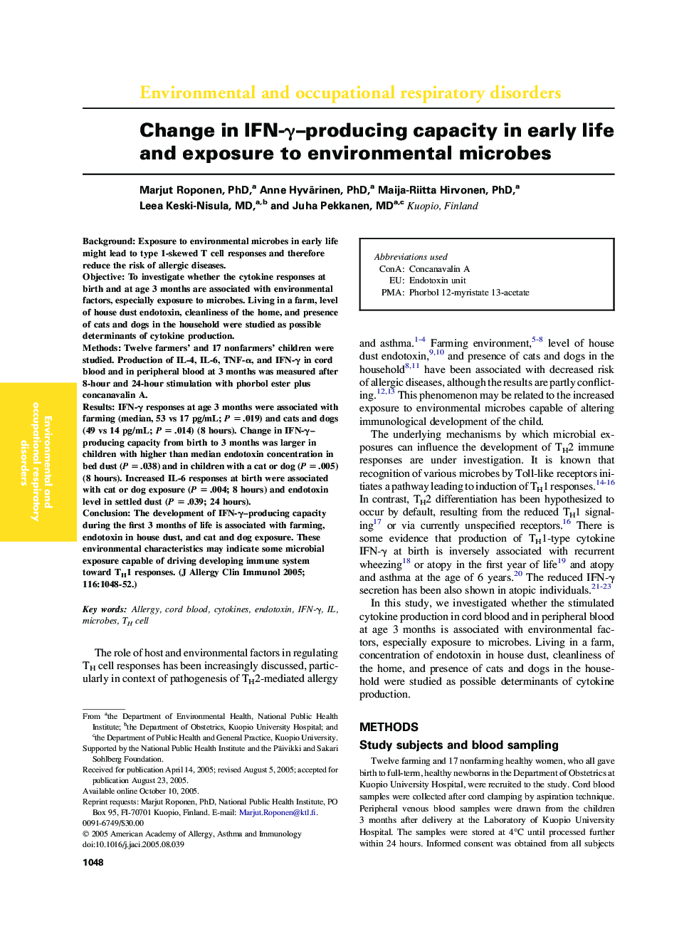 Change in IFN-Î³-producing capacity in early life and exposure to environmental microbes