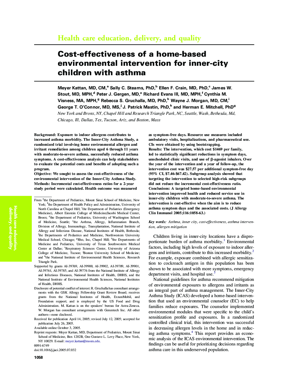 Cost-effectiveness of a home-based environmental intervention for inner-city children with asthma