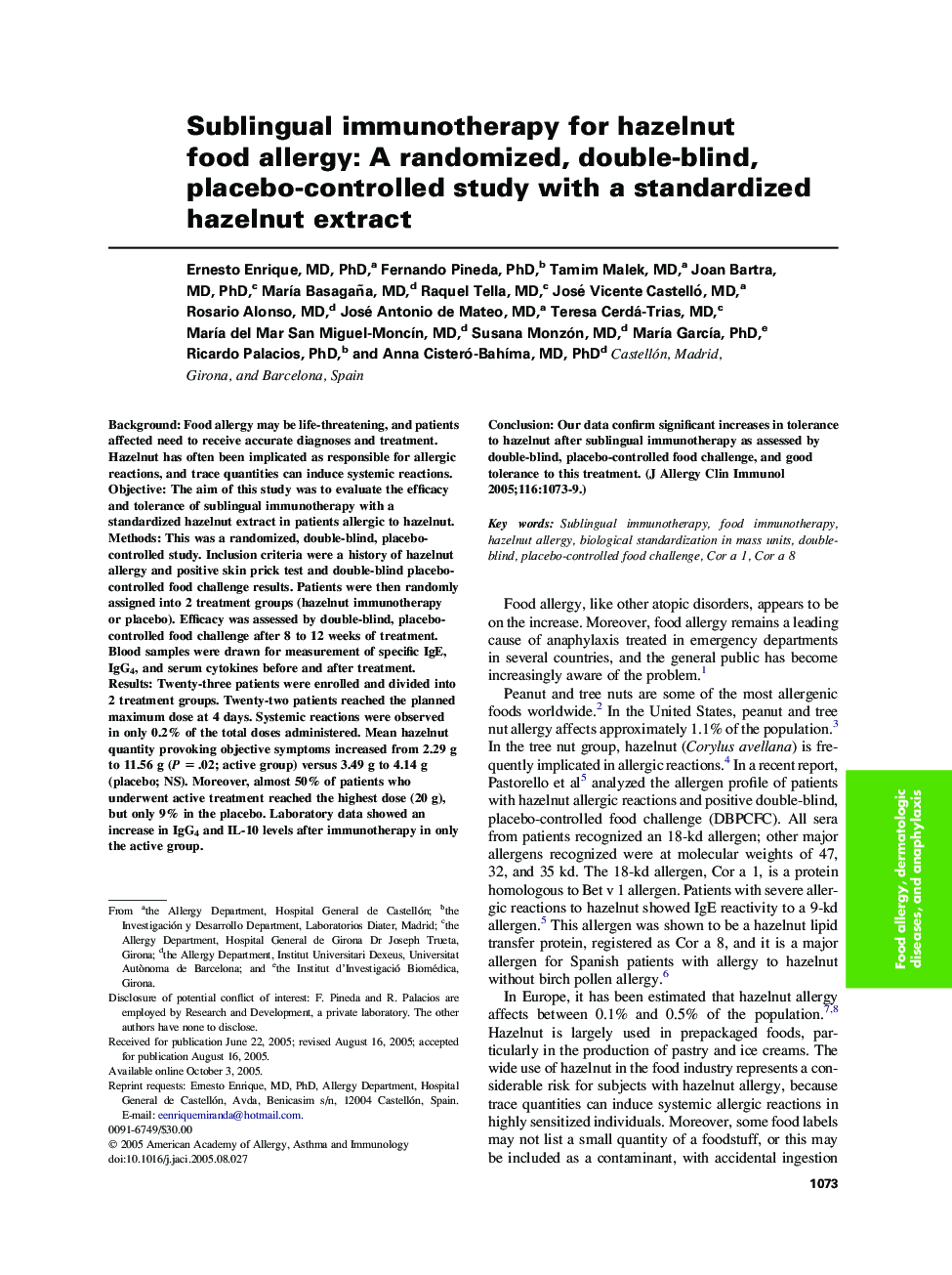 Sublingual immunotherapy for hazelnut food allergy: A randomized, double-blind, placebo-controlled study with a standardized hazelnut extract