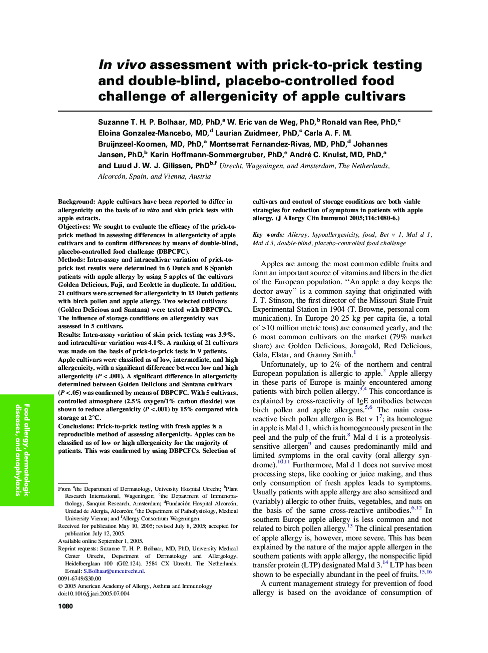 In vivo assessment with prick-to-prick testing and double-blind, placebo-controlled food challenge of allergenicity of apple cultivars