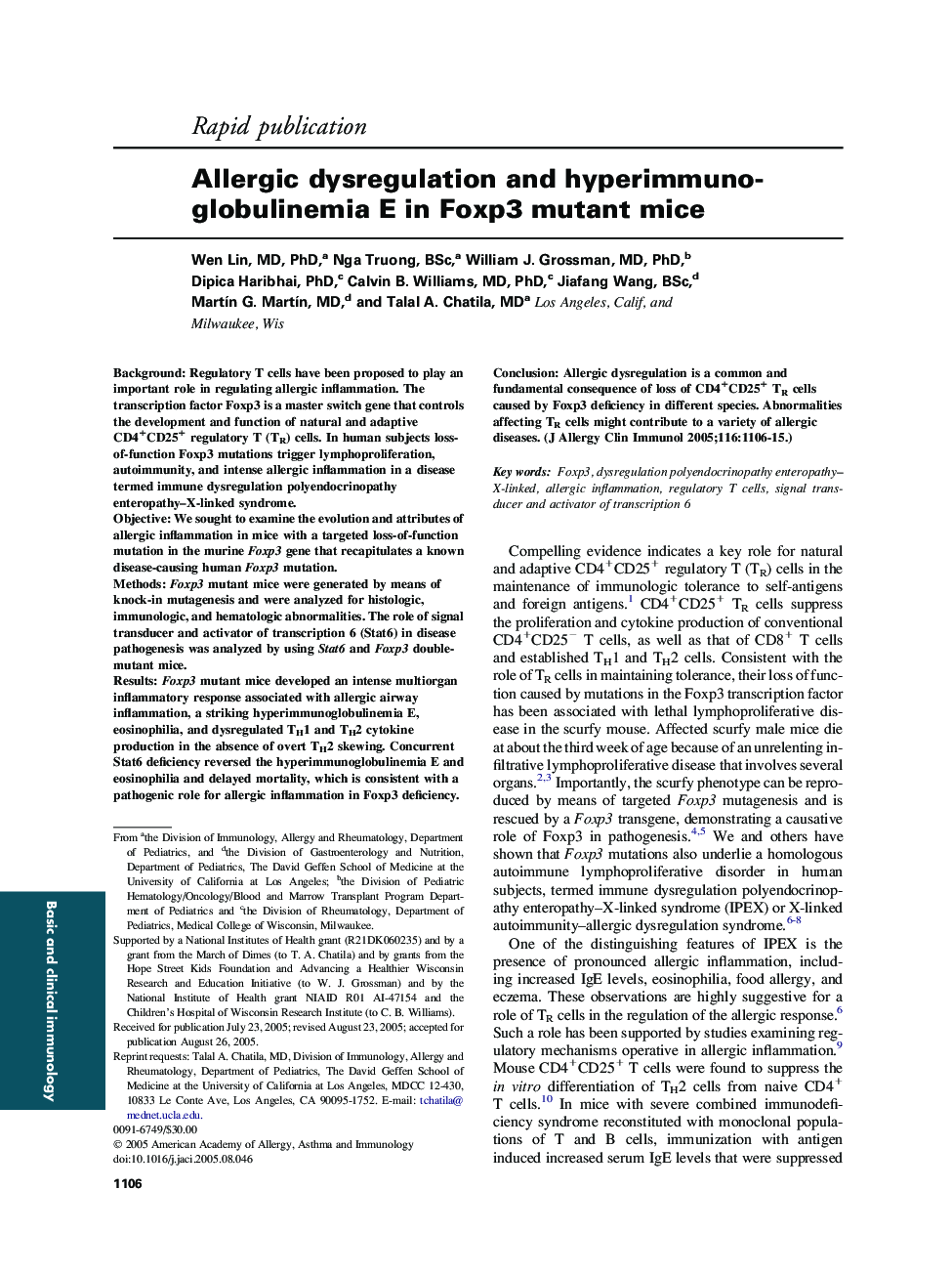 Allergic dysregulation and hyperimmunoglobulinemia E in Foxp3 mutant mice