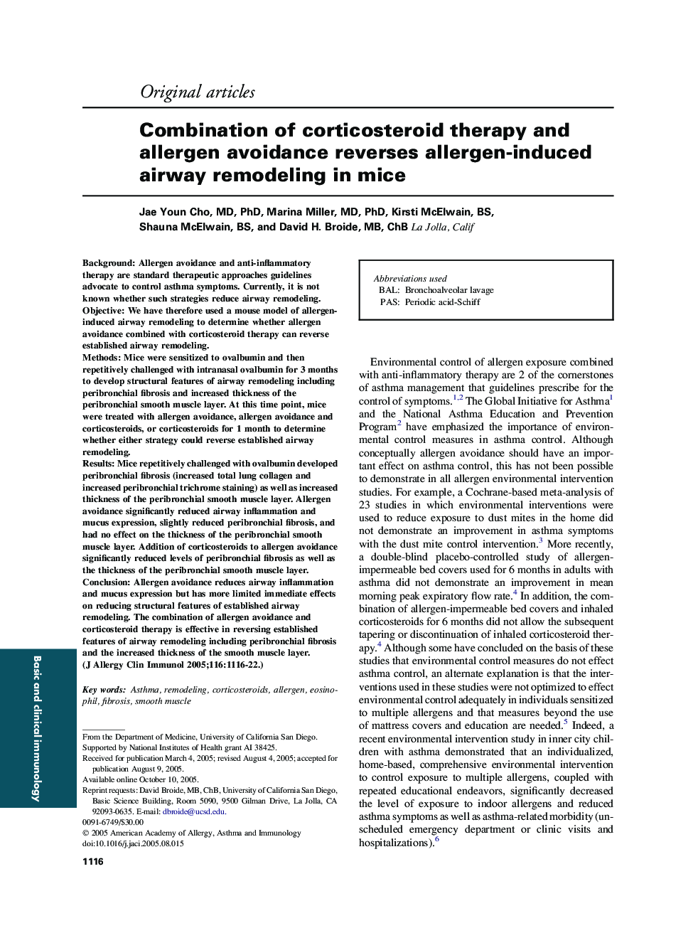 Combination of corticosteroid therapy and allergen avoidance reverses allergen-induced airway remodeling in mice