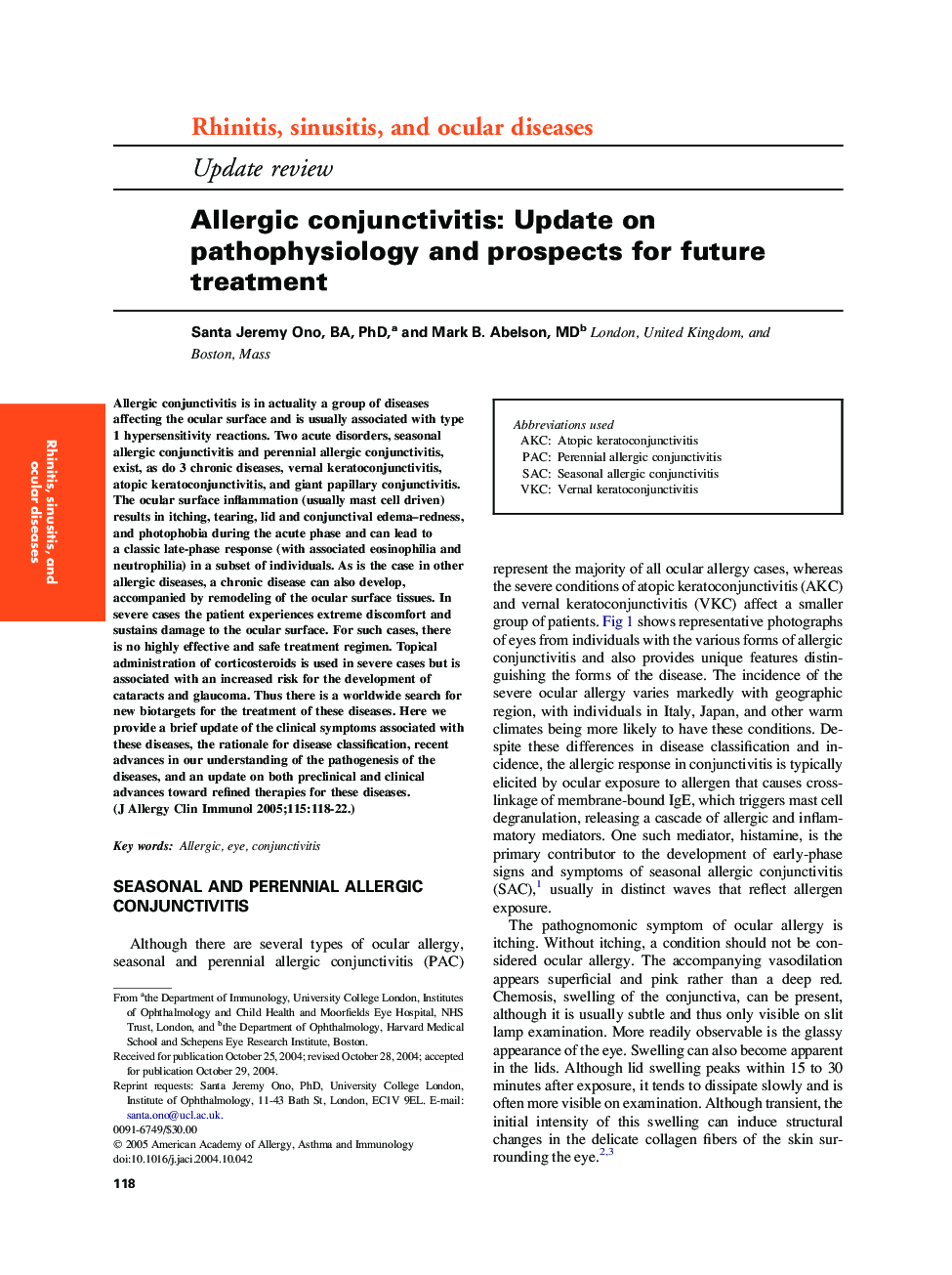 Allergic conjunctivitis: Update on pathophysiology and prospects for future treatment
