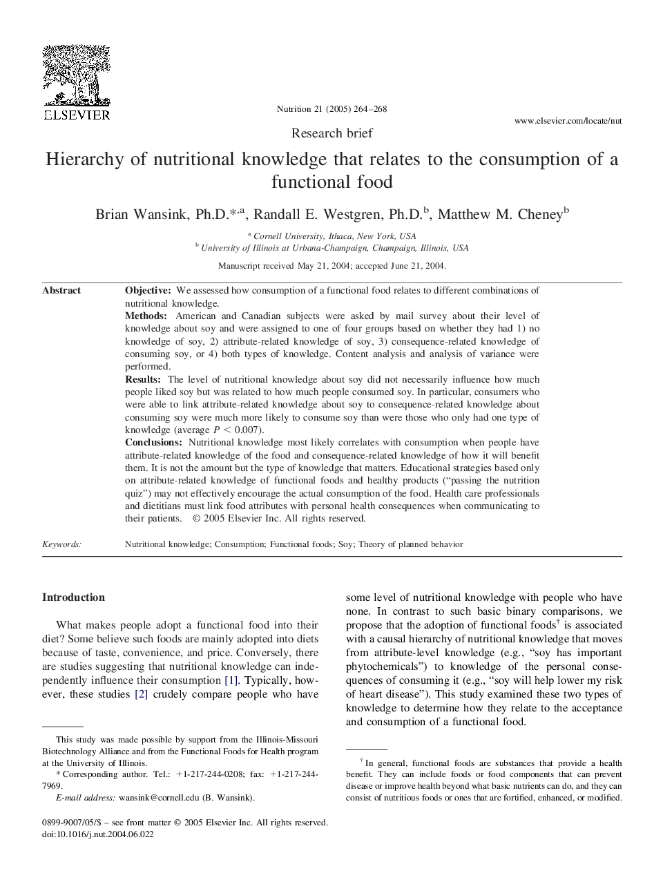 Hierarchy of nutritional knowledge that relates to the consumption of a functional food