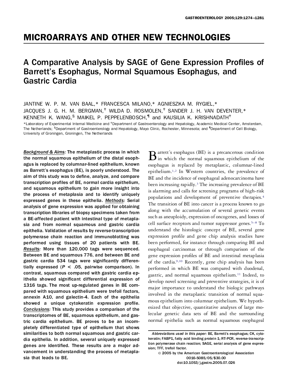 A Comparative Analysis by SAGE of Gene Expression Profiles of Barrett's Esophagus, Normal Squamous Esophagus, and Gastric Cardia