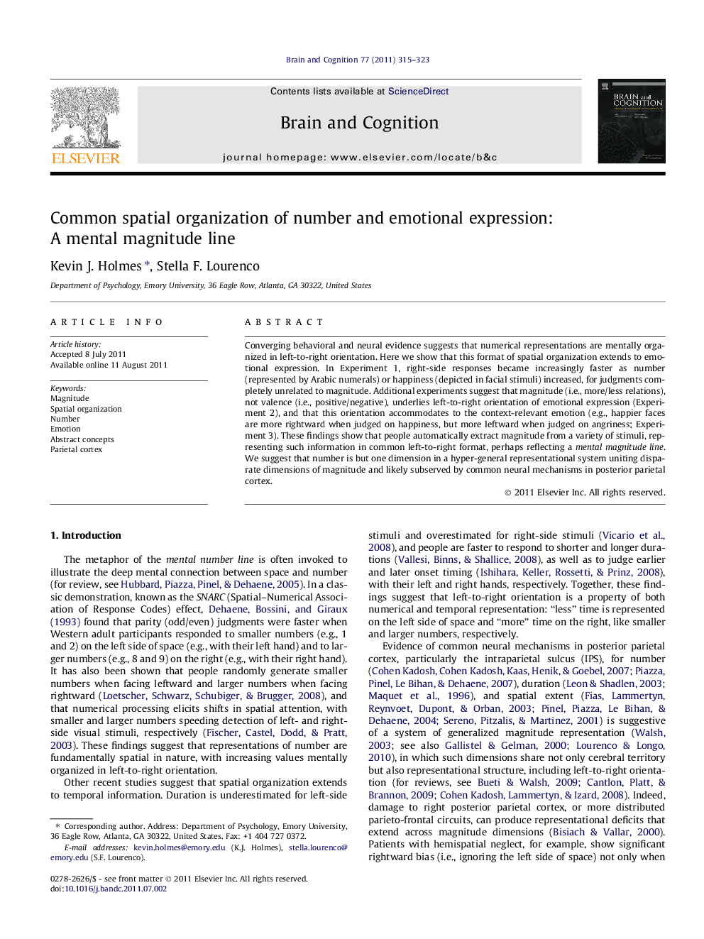 Common spatial organization of number and emotional expression: A mental magnitude line