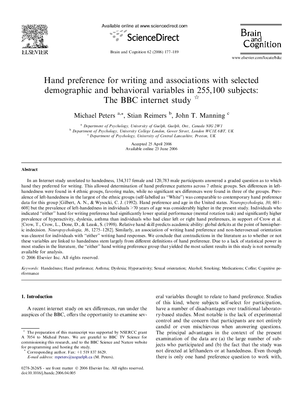 Hand preference for writing and associations with selected demographic and behavioral variables in 255,100 subjects: The BBC internet study 