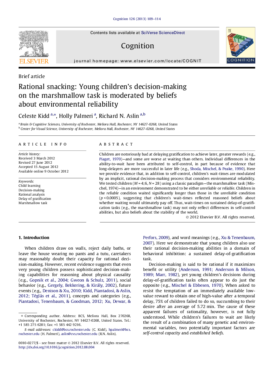 Rational snacking: Young children’s decision-making on the marshmallow task is moderated by beliefs about environmental reliability