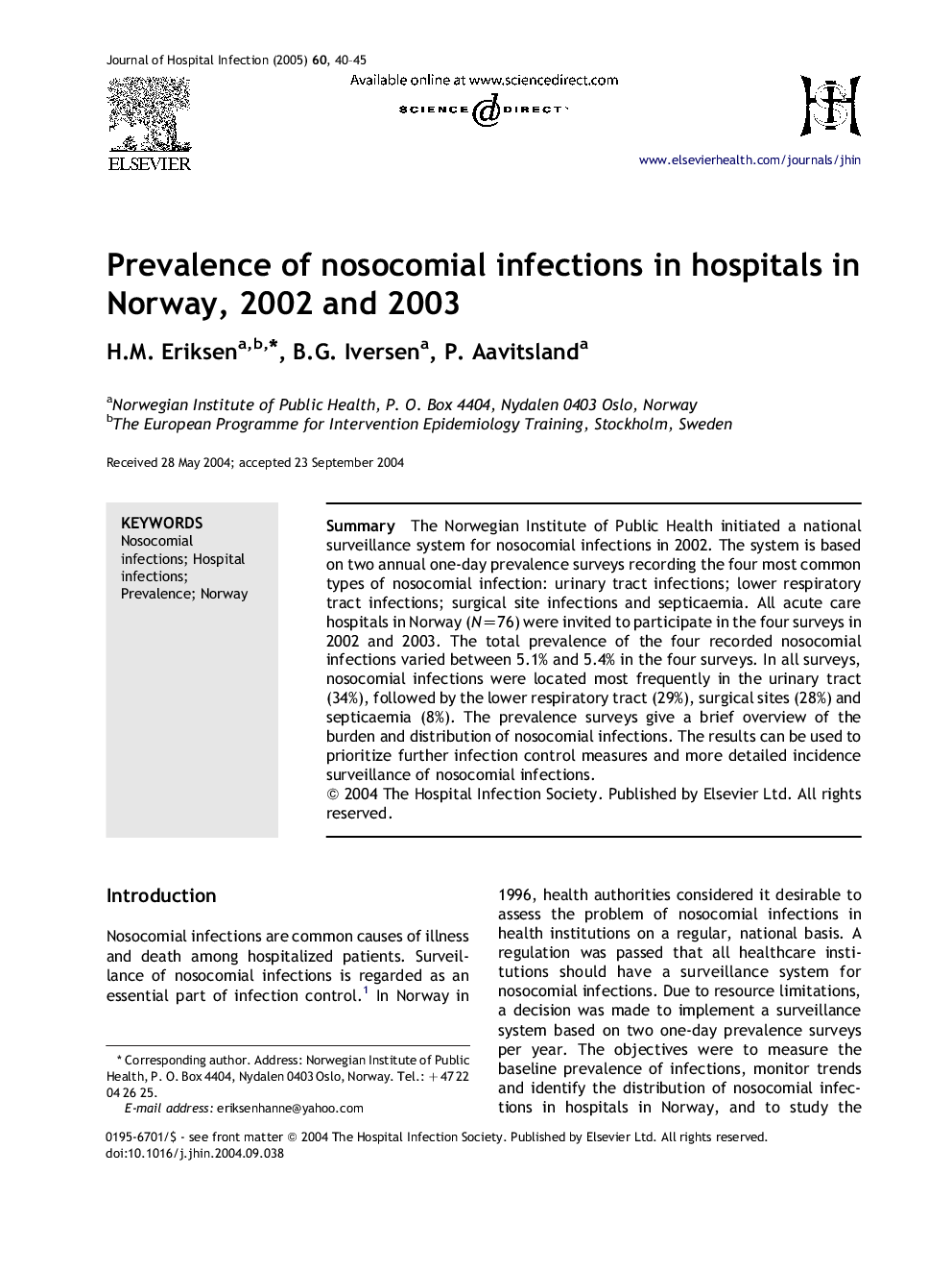 Prevalence of nosocomial infections in hospitals in Norway, 2002 and 2003