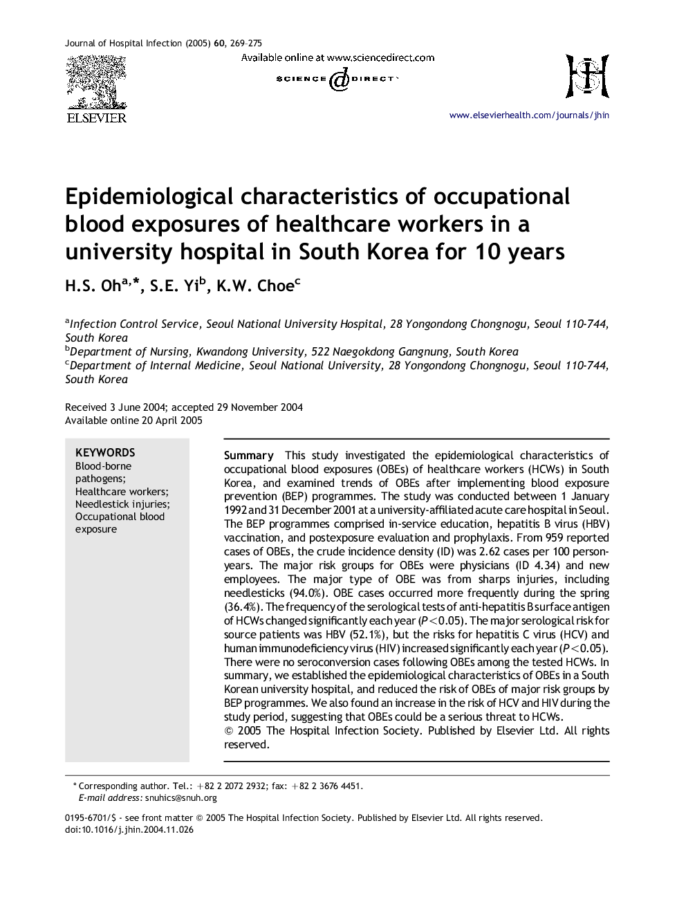Epidemiological characteristics of occupational blood exposures of healthcare workers in a university hospital in South Korea for 10 years