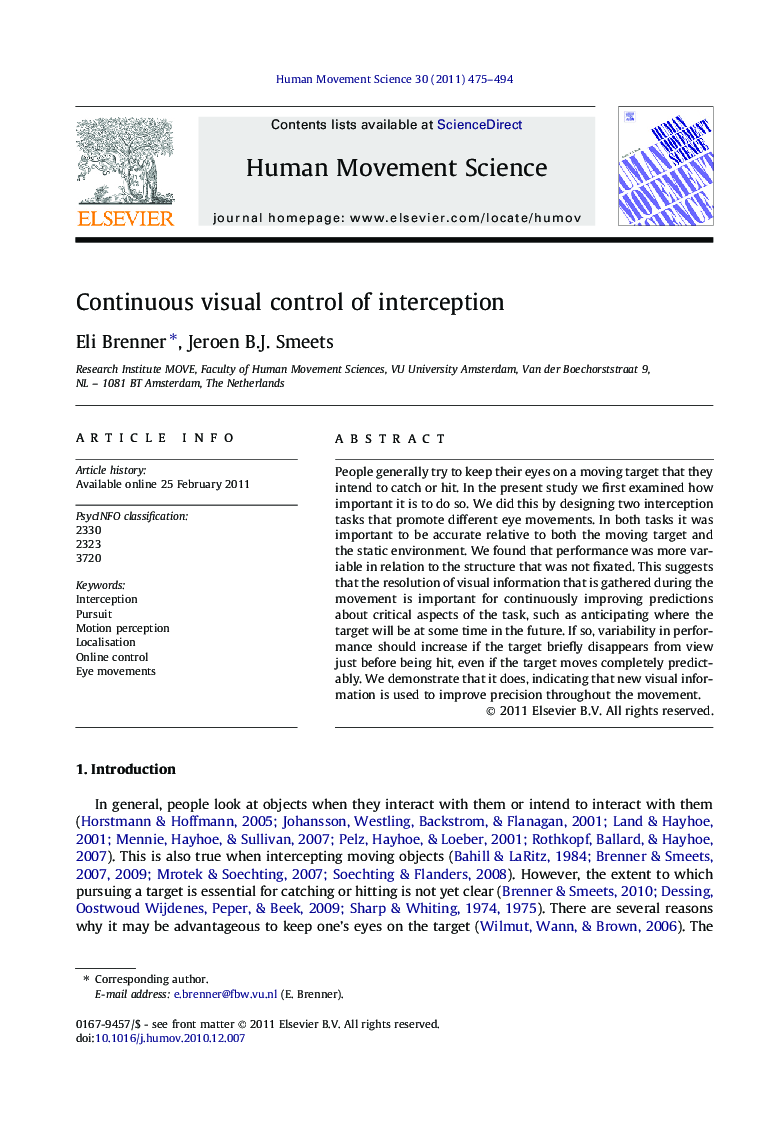 Continuous visual control of interception