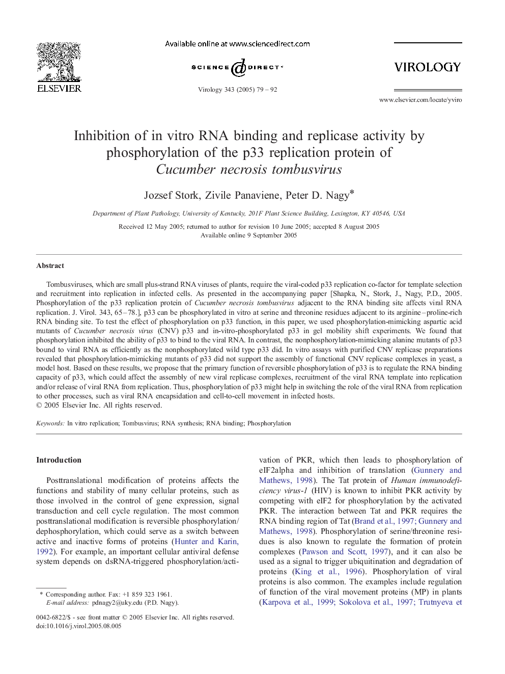 Inhibition of in vitro RNA binding and replicase activity by phosphorylation of the p33 replication protein of Cucumber necrosis tombusvirus