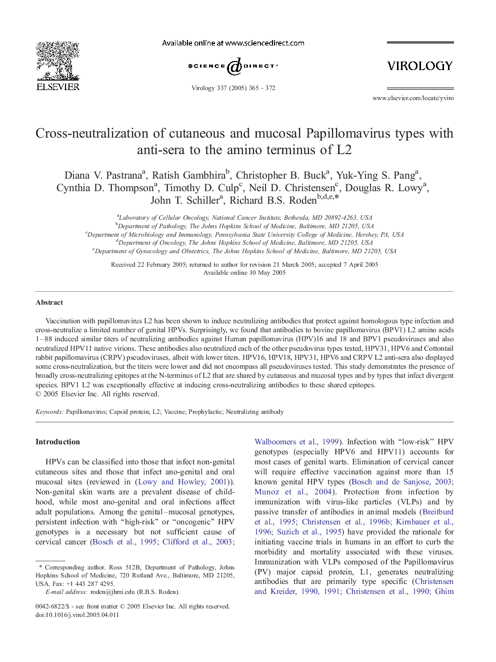 Cross-neutralization of cutaneous and mucosal Papillomavirus types with anti-sera to the amino terminus of L2