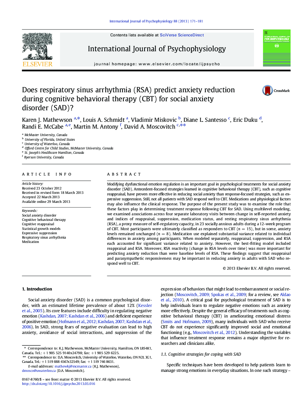 Does respiratory sinus arrhythmia (RSA) predict anxiety reduction during cognitive behavioral therapy (CBT) for social anxiety disorder (SAD)?