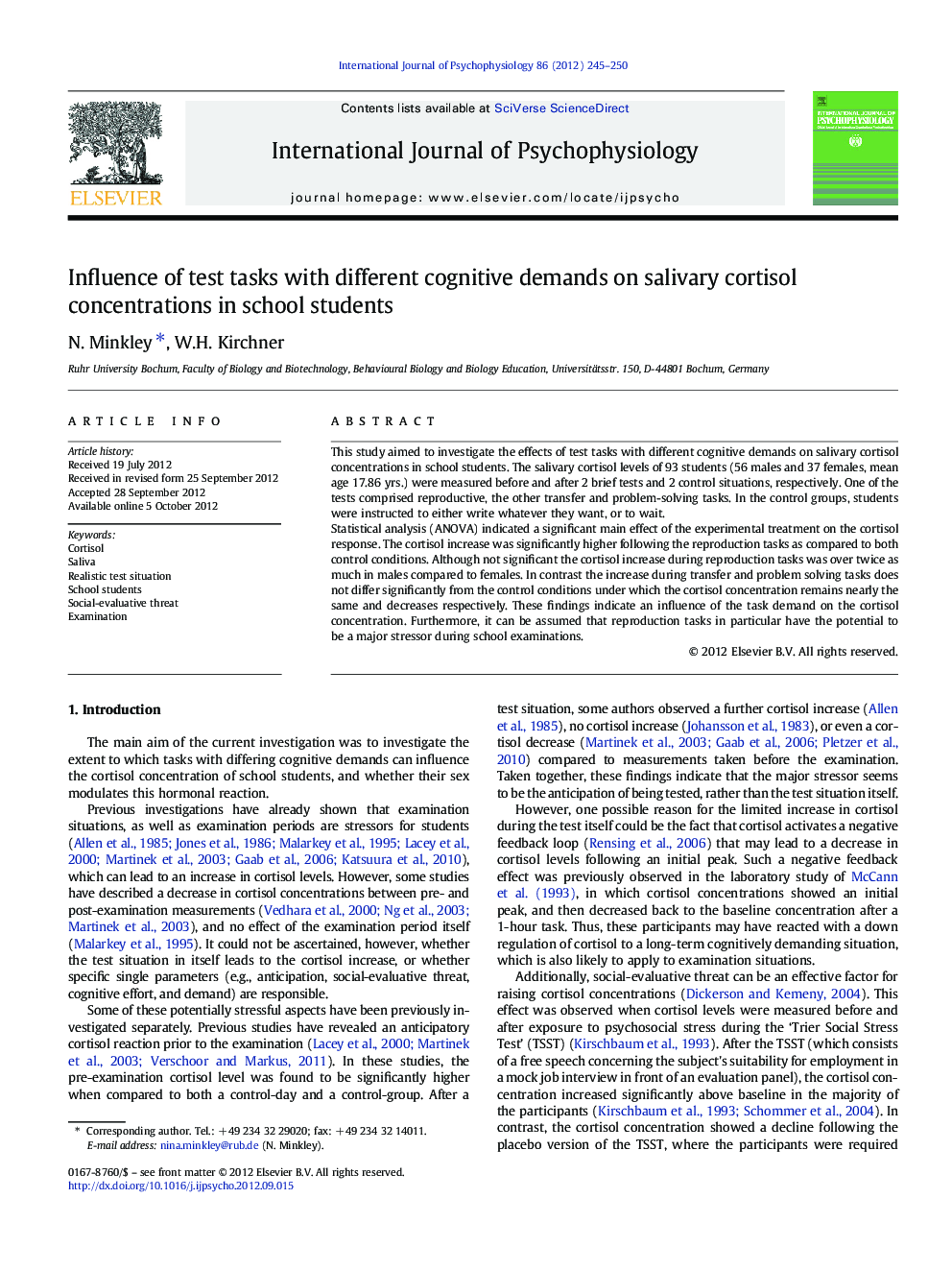 Influence of test tasks with different cognitive demands on salivary cortisol concentrations in school students