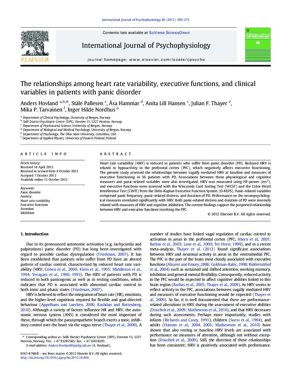 The relationships among heart rate variability, executive functions, and clinical variables in patients with panic disorder