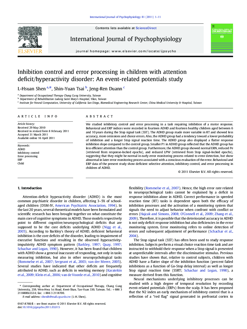 Inhibition control and error processing in children with attention deficit/hyperactivity disorder: An event-related potentials study