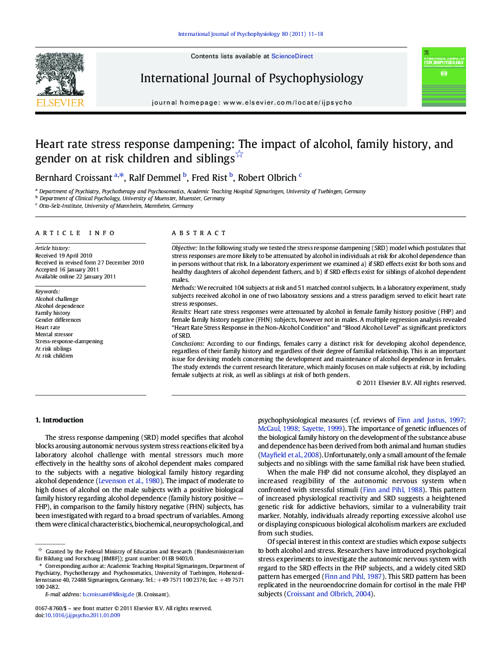 Heart rate stress response dampening: The impact of alcohol, family history, and gender on at risk children and siblings 