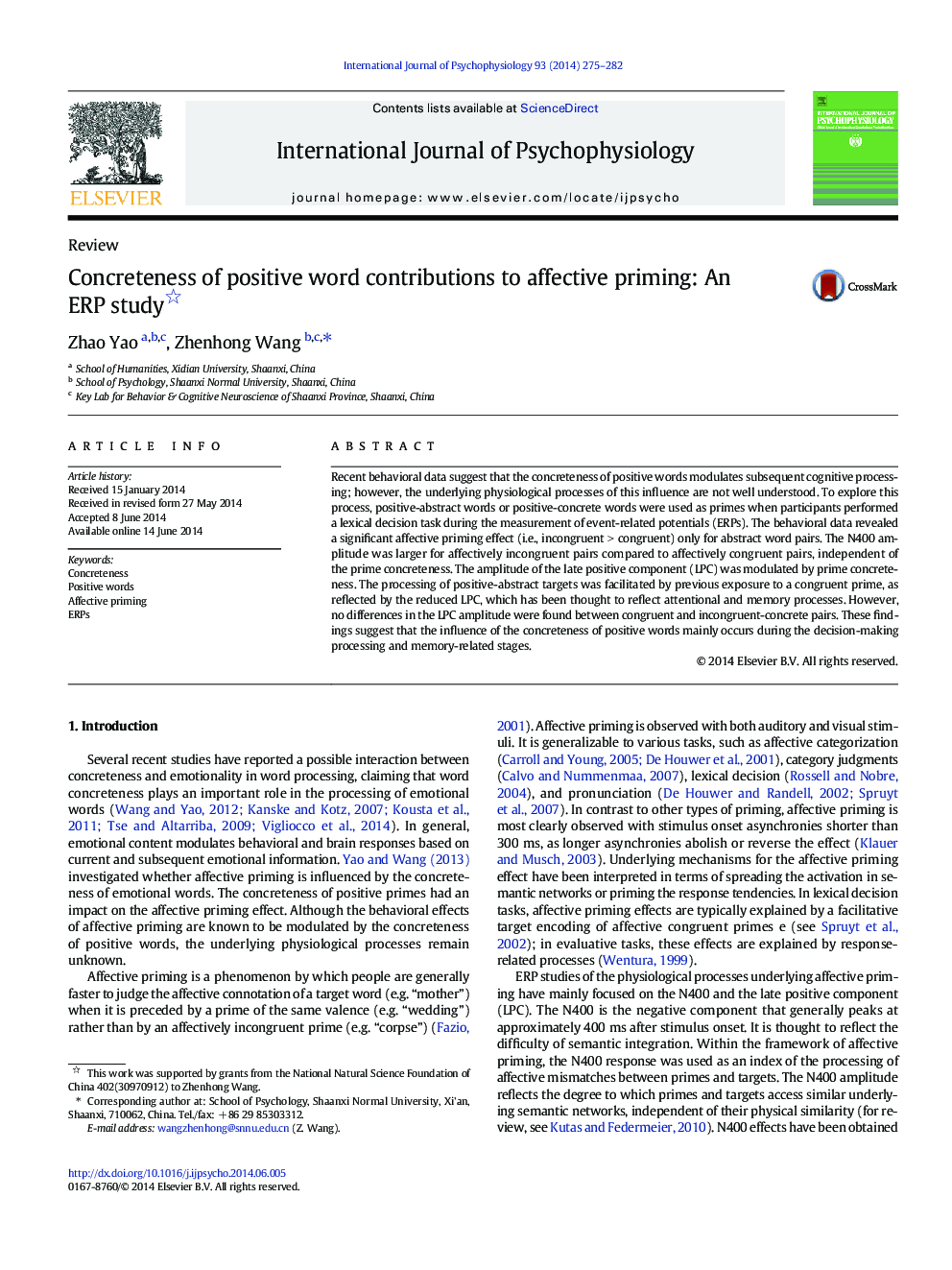 Concreteness of positive word contributions to affective priming: An ERP study 