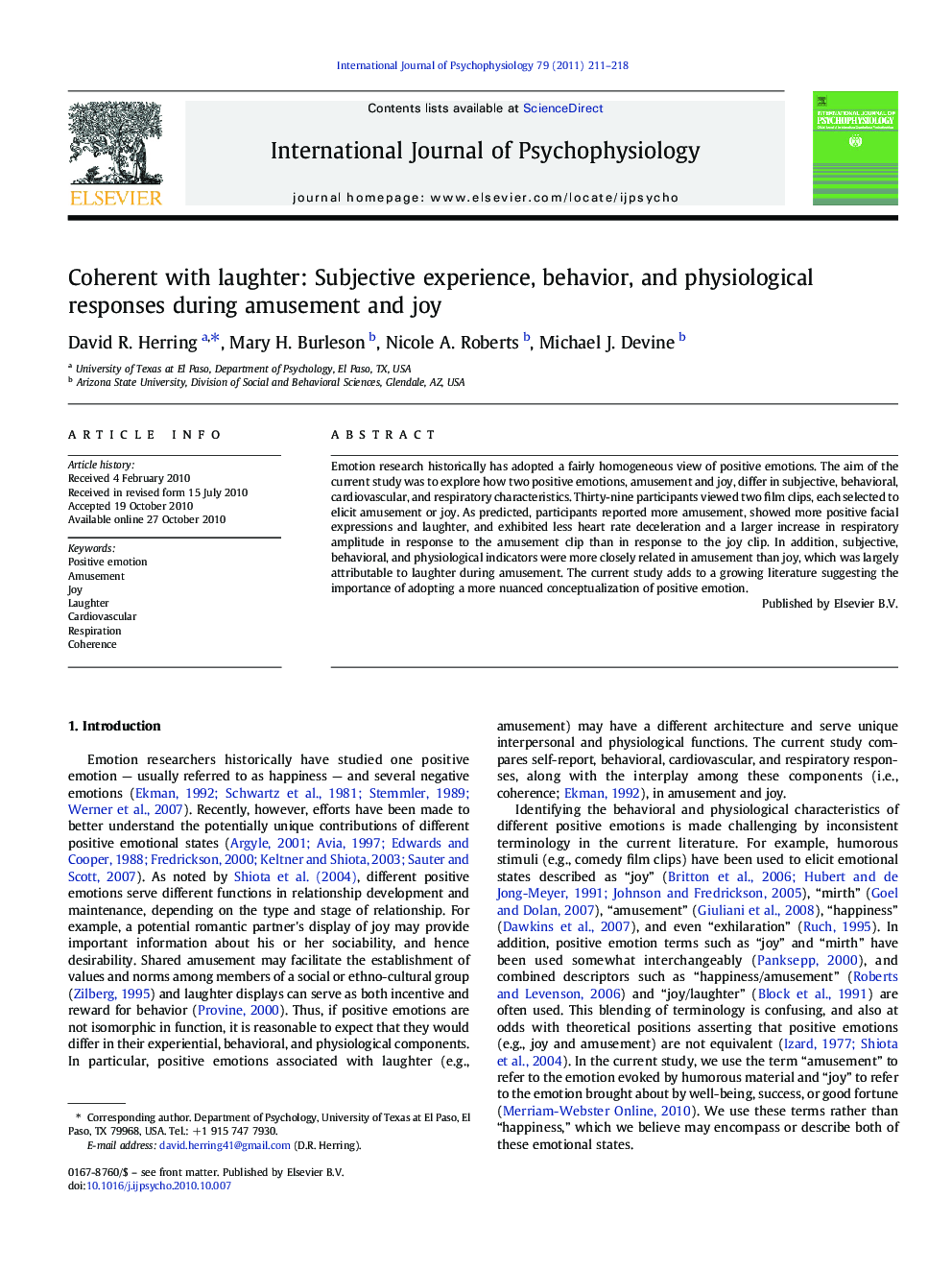 Coherent with laughter: Subjective experience, behavior, and physiological responses during amusement and joy