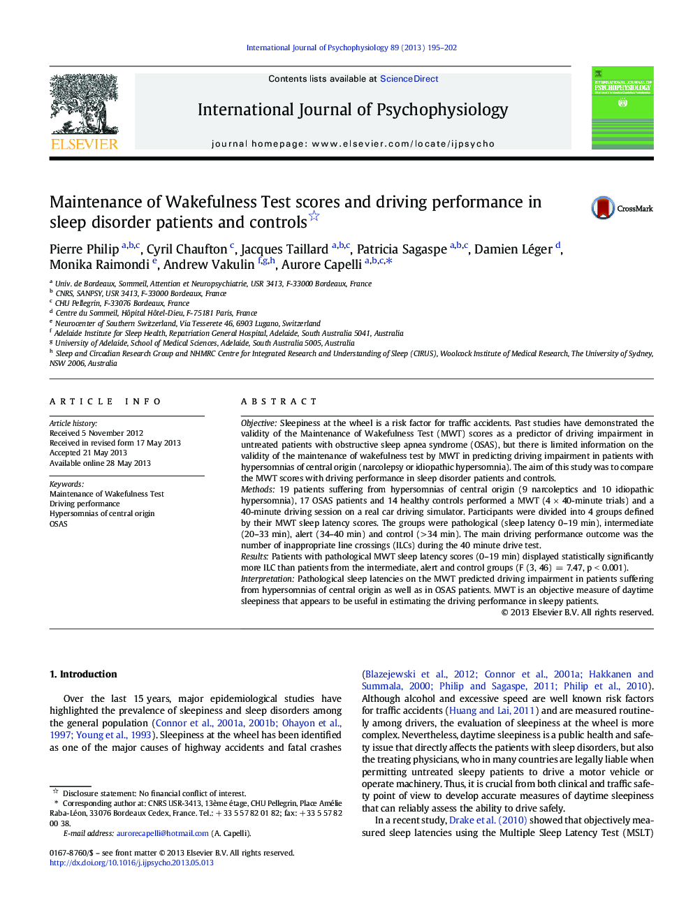 Maintenance of Wakefulness Test scores and driving performance in sleep disorder patients and controls 