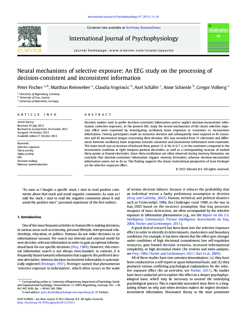 Neural mechanisms of selective exposure: An EEG study on the processing of decision-consistent and inconsistent information