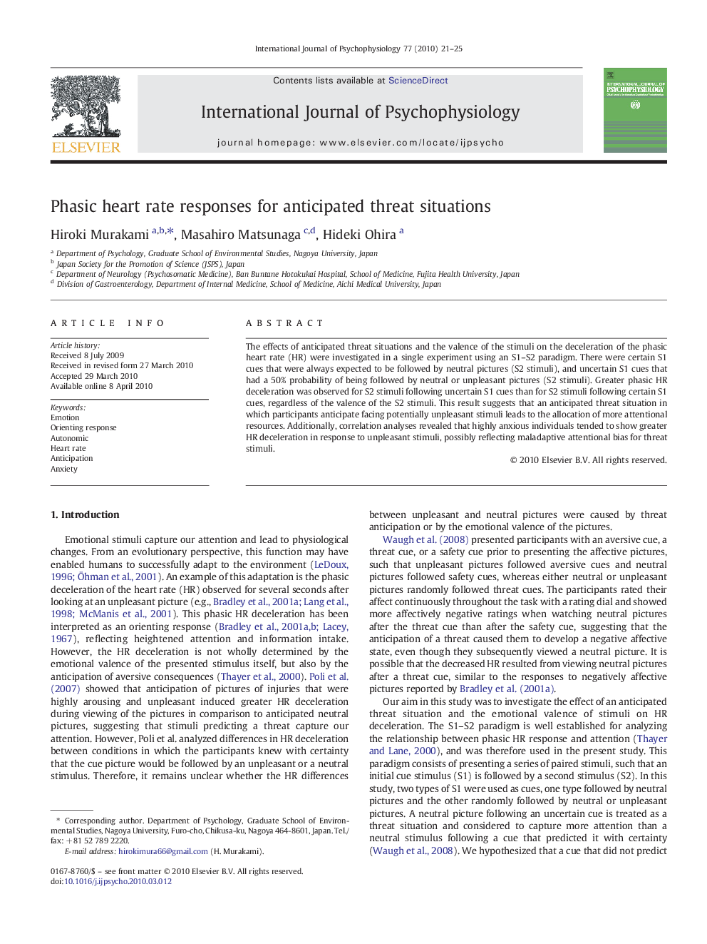 Phasic heart rate responses for anticipated threat situations