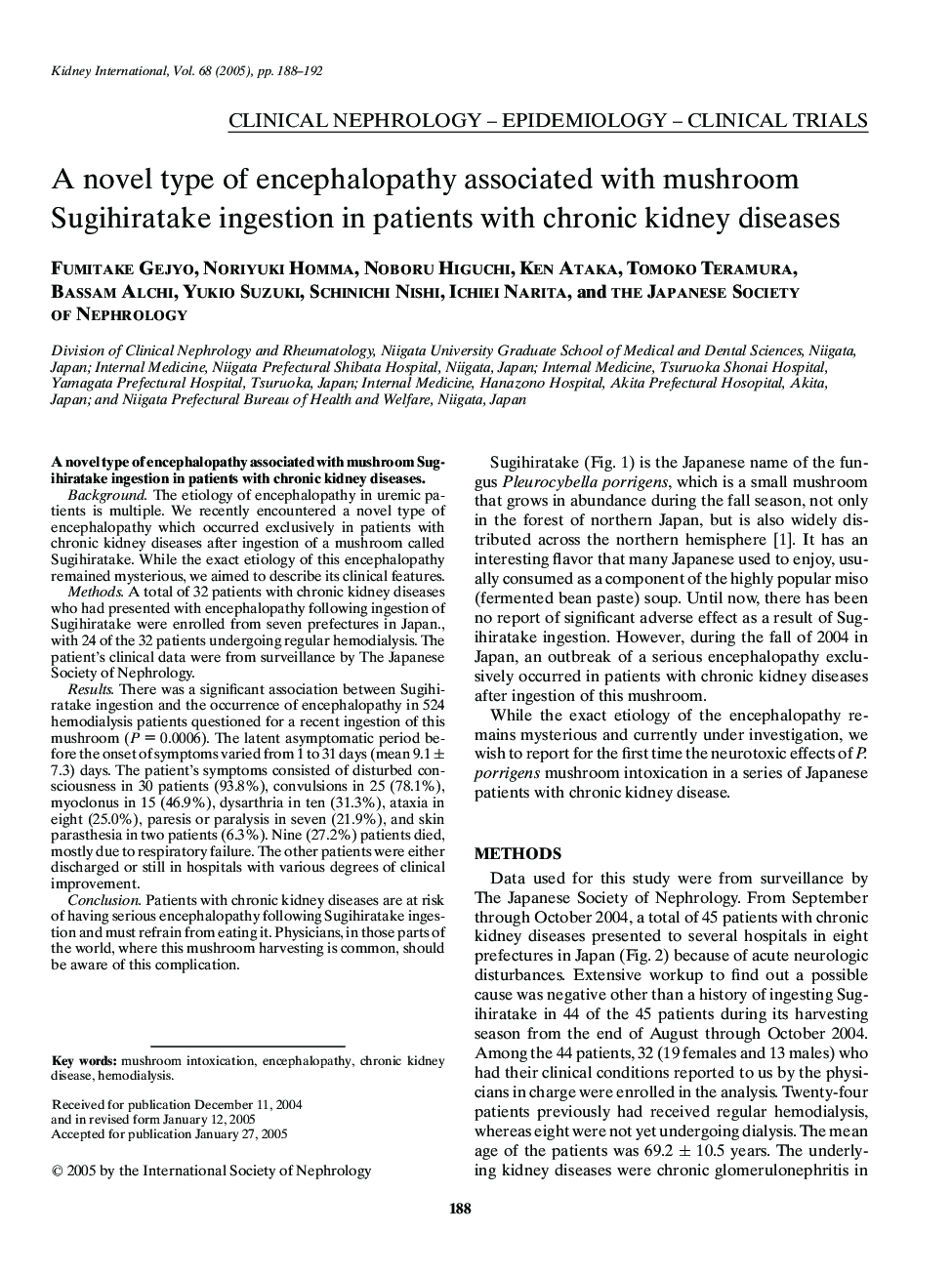 A novel type of encephalopathy associated with mushroom Sugihiratake ingestion in patients with chronic kidney diseases