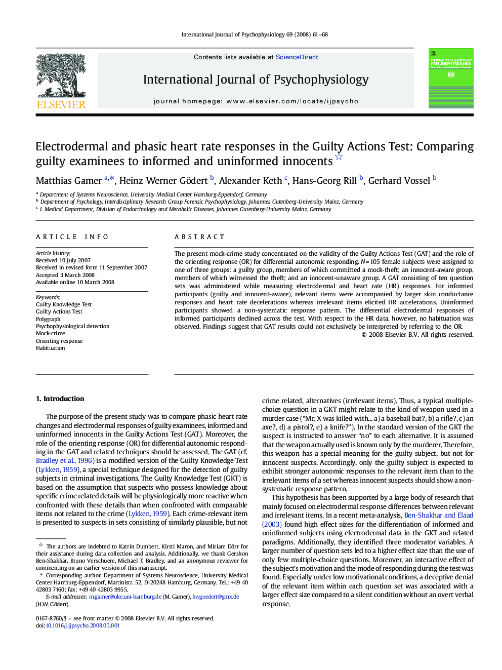 Electrodermal and phasic heart rate responses in the Guilty Actions Test: Comparing guilty examinees to informed and uninformed innocents 