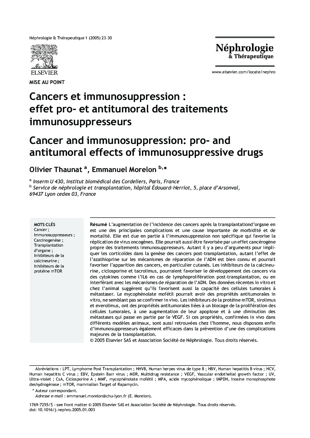 Cancers et immunosuppression : effet pro- et antitumoral des traitements immunosuppresseurs