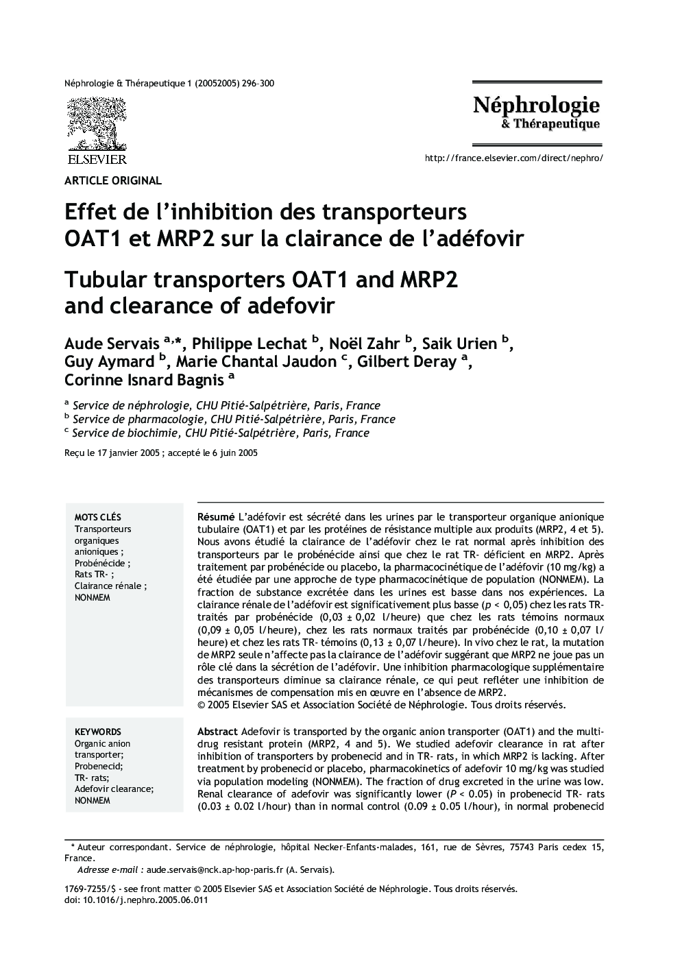 Effet de l'inhibition des transporteurs OAT1 et MRP2 sur la clairance de l'adéfovir