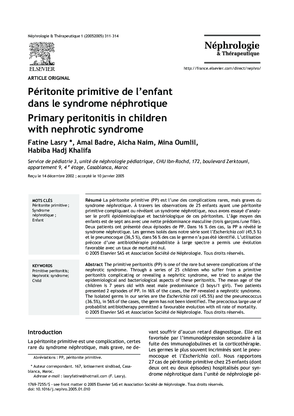 Péritonite primitive de l'enfant dans le syndrome néphrotique