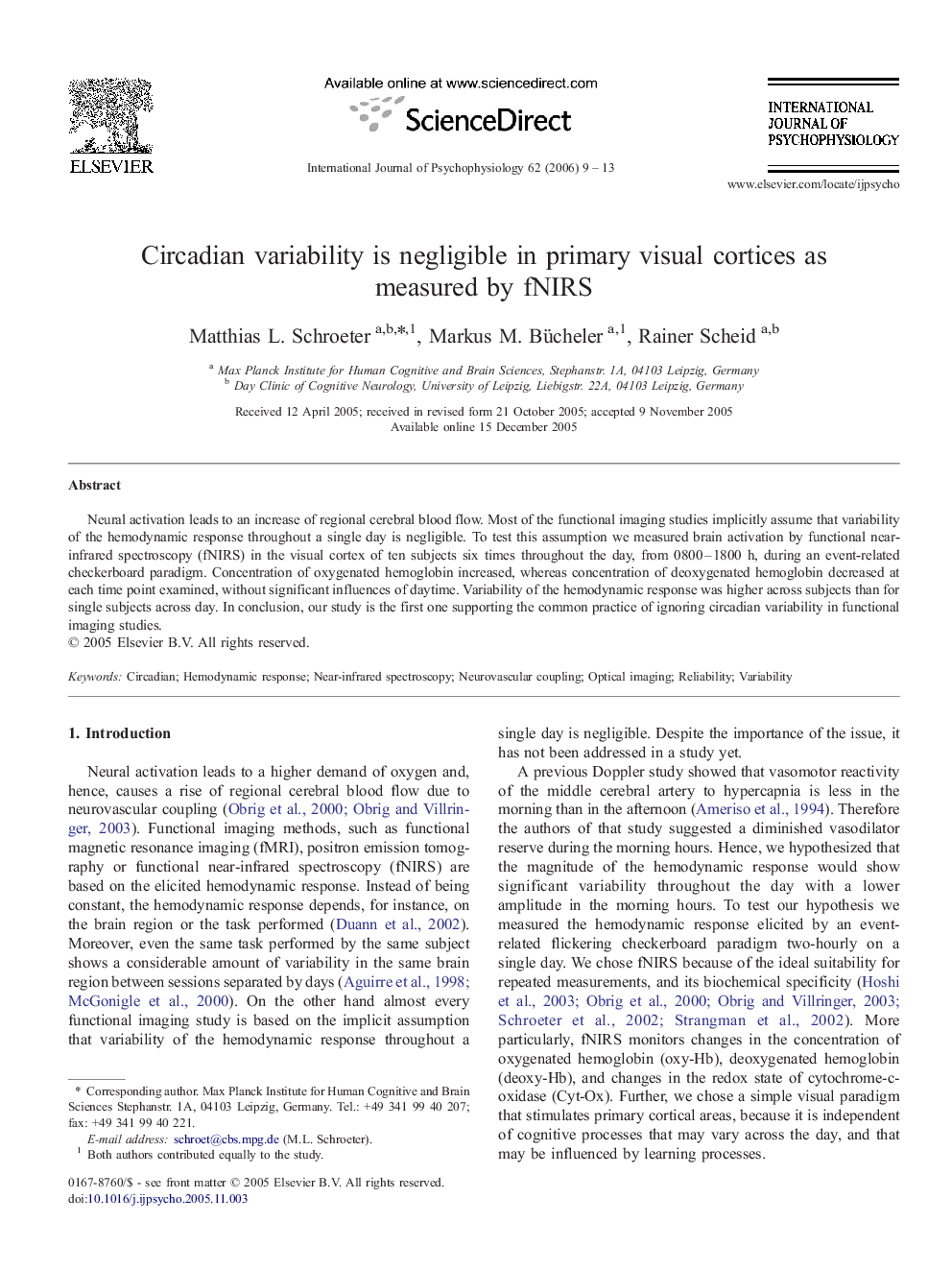 Circadian variability is negligible in primary visual cortices as measured by fNIRS