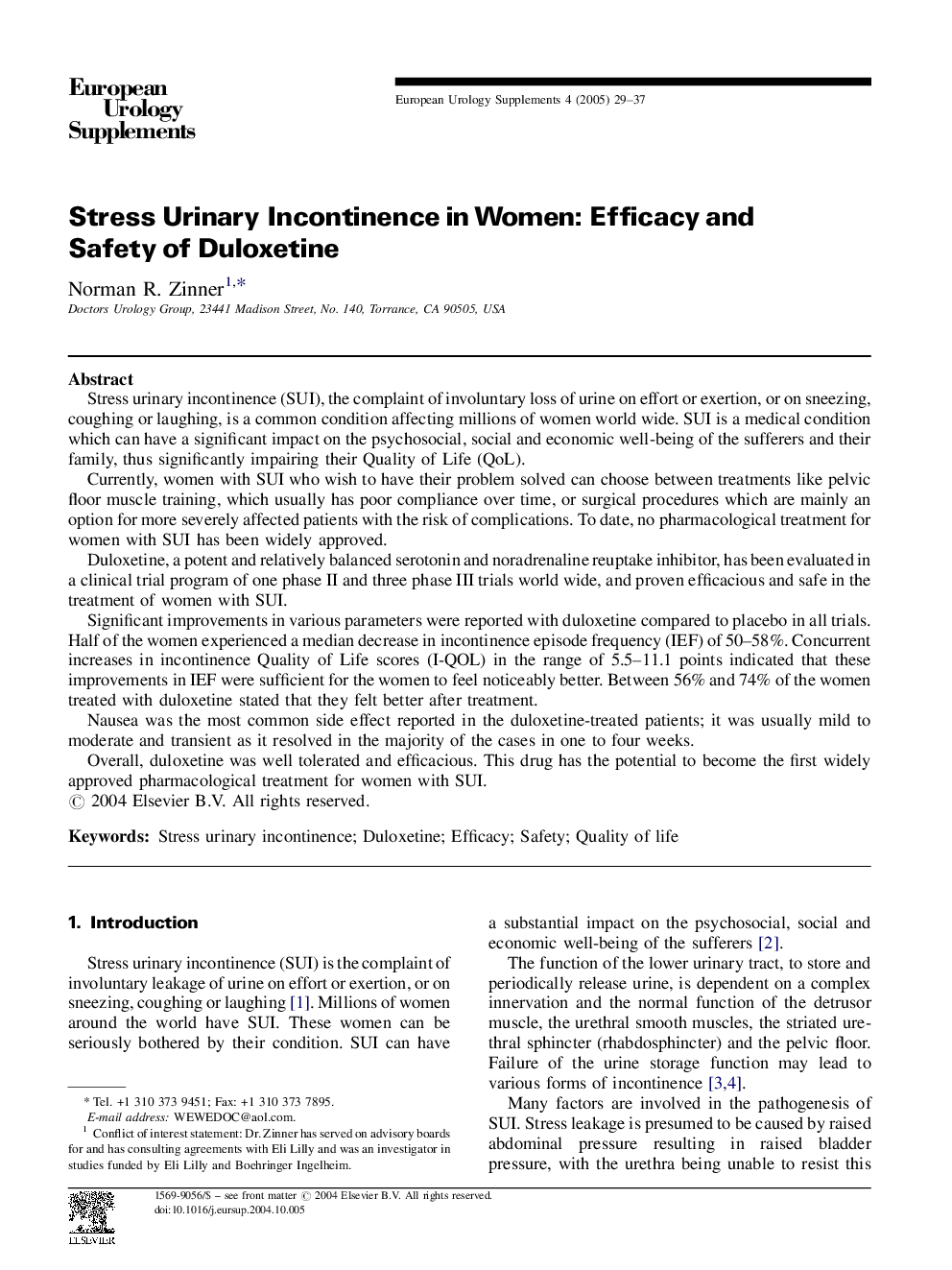 Stress Urinary Incontinence in Women: Efficacy and Safety of Duloxetine