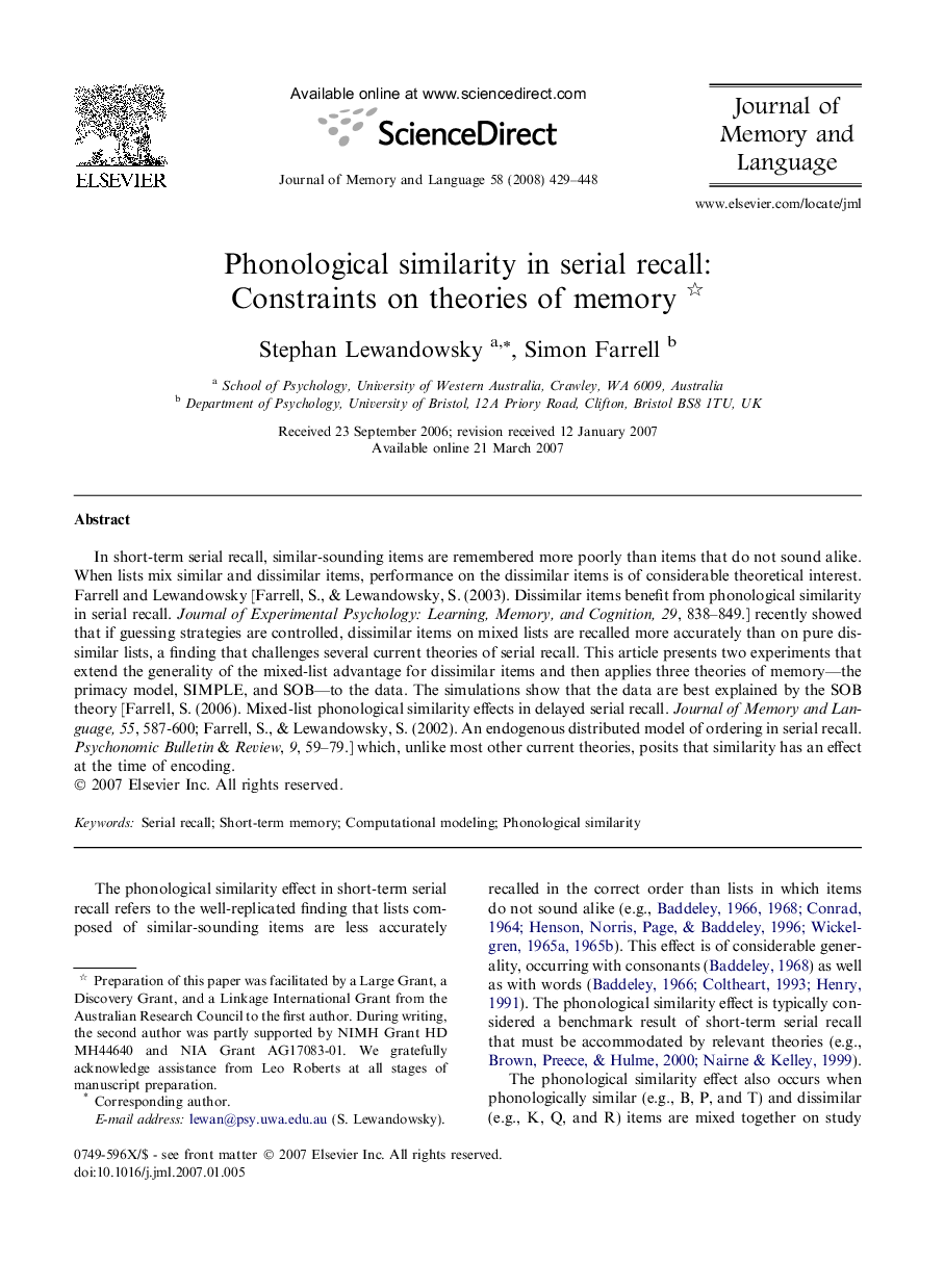 Phonological similarity in serial recall: Constraints on theories of memory 