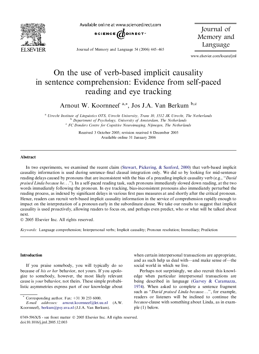 On the use of verb-based implicit causality in sentence comprehension: Evidence from self-paced reading and eye tracking