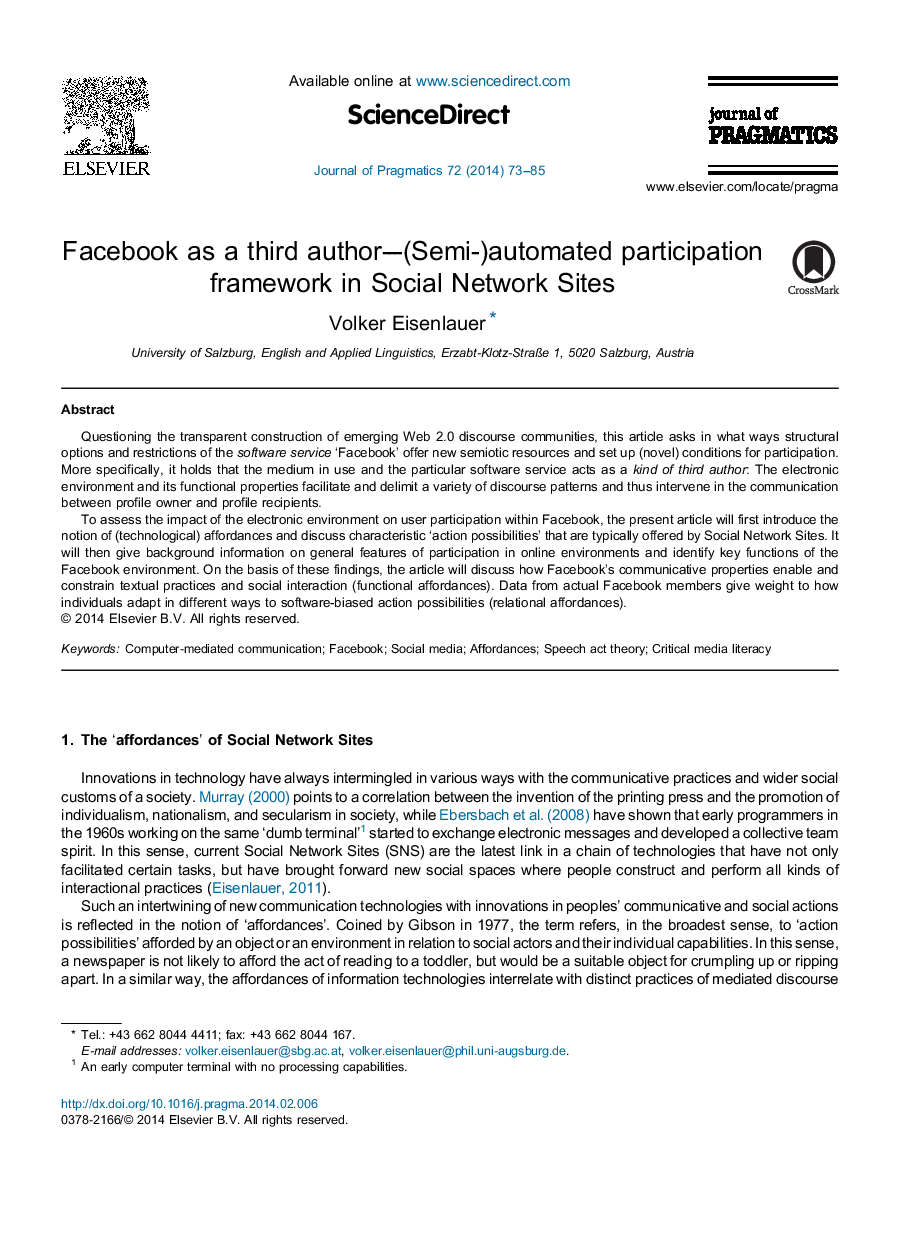 فیس بوک به عنوان یک نویسنده سوم (نیمه) خودکار چارچوب مشارکت در سایت های شبکه اجتماعی 