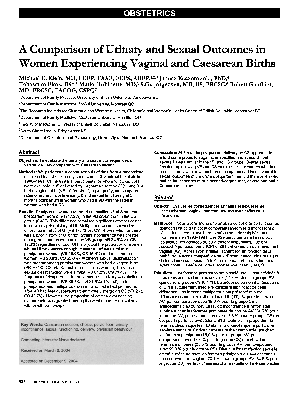 A Comparison of Urinary and Sexual Outcomes in Women Experiencing Vaginal and Caesarean Births
