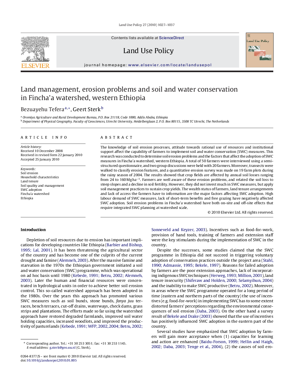 Land management, erosion problems and soil and water conservation in Fincha’a watershed, western Ethiopia