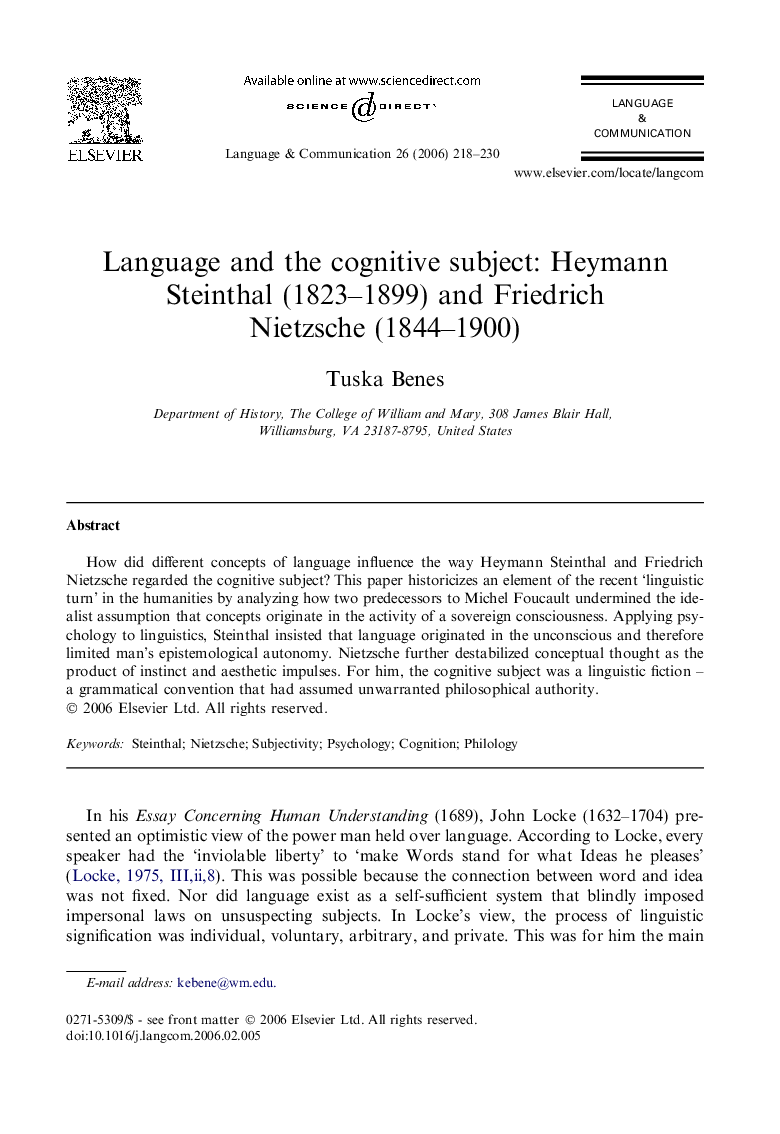 Language and the cognitive subject: Heymann Steinthal (1823-1899) and Friedrich Nietzsche (1844-1900)