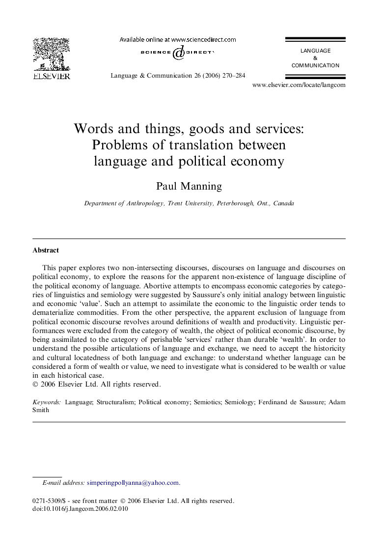Words and things, goods and services: Problems of translation between language and political economy