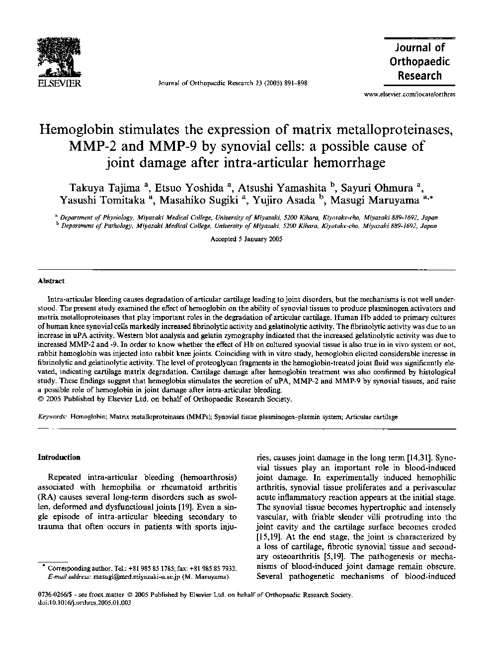 Hemoglobin stimulates the expression of matrix metalloproteinases, MMP-2 and MMP-9 by synovial cells: a possible cause of joint damage after intra-articular hemorrhage