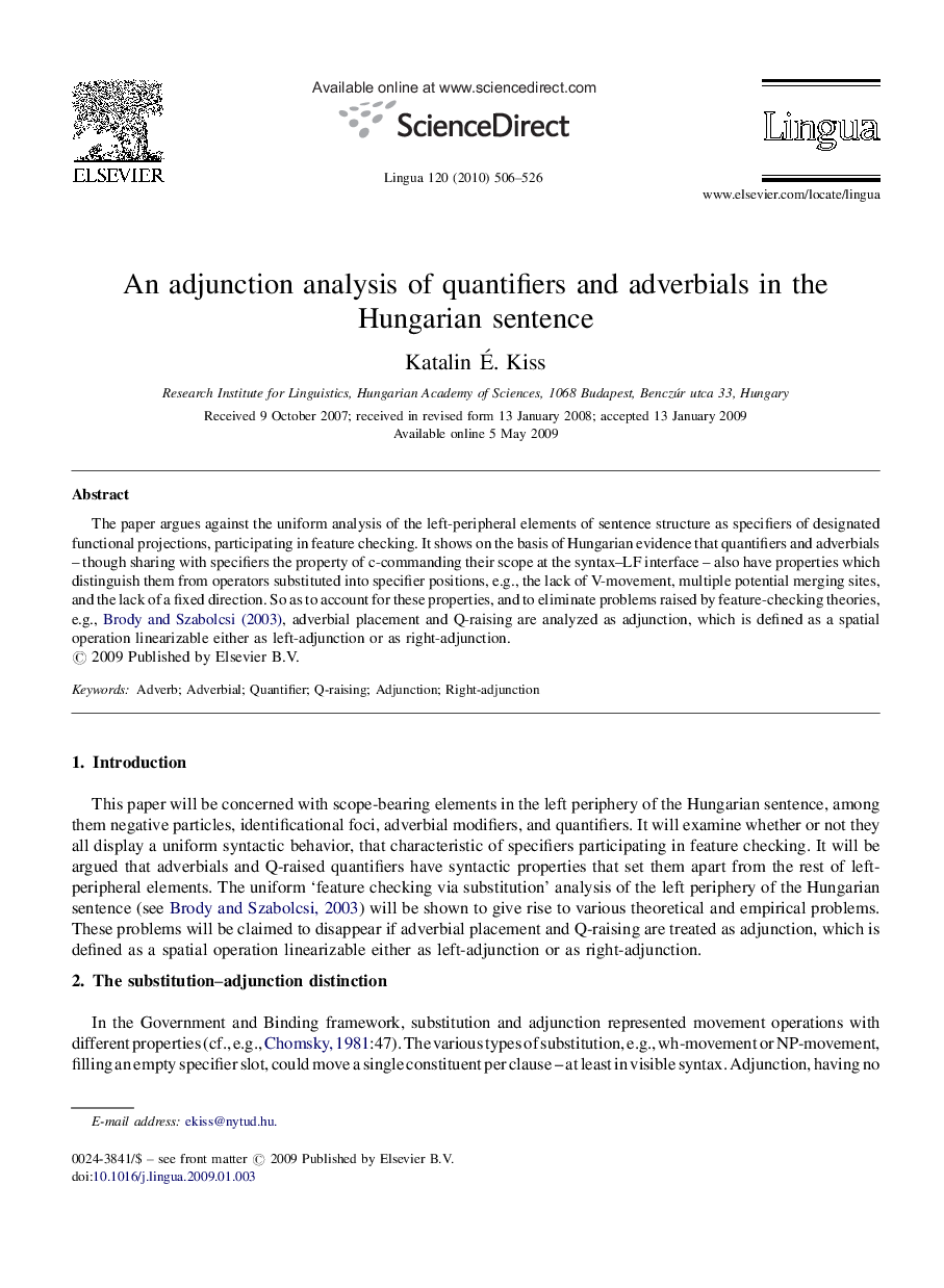 An adjunction analysis of quantifiers and adverbials in the Hungarian sentence